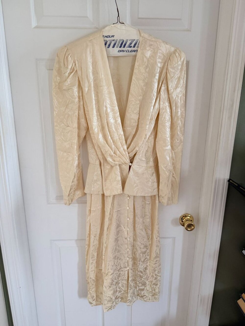 Argenti 100% Silk Cream Floral Dress With Peplum Waist & Long Sleeves Size 12 19